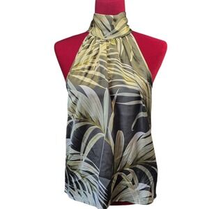Rachel Zoe Olive Grn Tropical Palm Leaf Halter Neck Tie Back Blouse Small E646